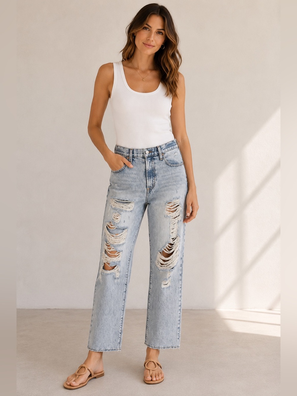 Alice + Olivia Light Blue Distressed Straight Leg Jeans